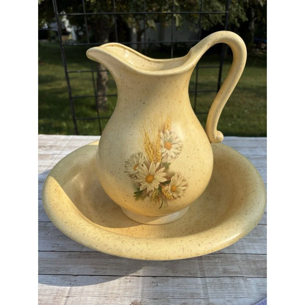 Purbeck Pottery Speckled Pitcher & Wash Basin Set, Daisy Wheat